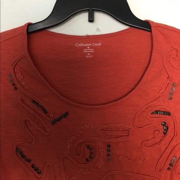 Coldwater Creek M Medium 8 - 10 Shirt Top 3/4 Sleeve Spice Leaf Black Crew NWOT - Picture 4 of 6